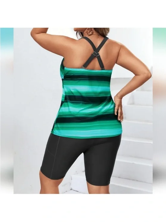 AQUA EVE PLUS SIZE 2 Piece Criss Cross Tummy Control Tankini Swimsuit - Picture 3 of 4